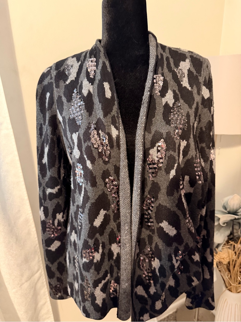 Chico's Black and Gray Sequin Leopard Cardigan Sweater
